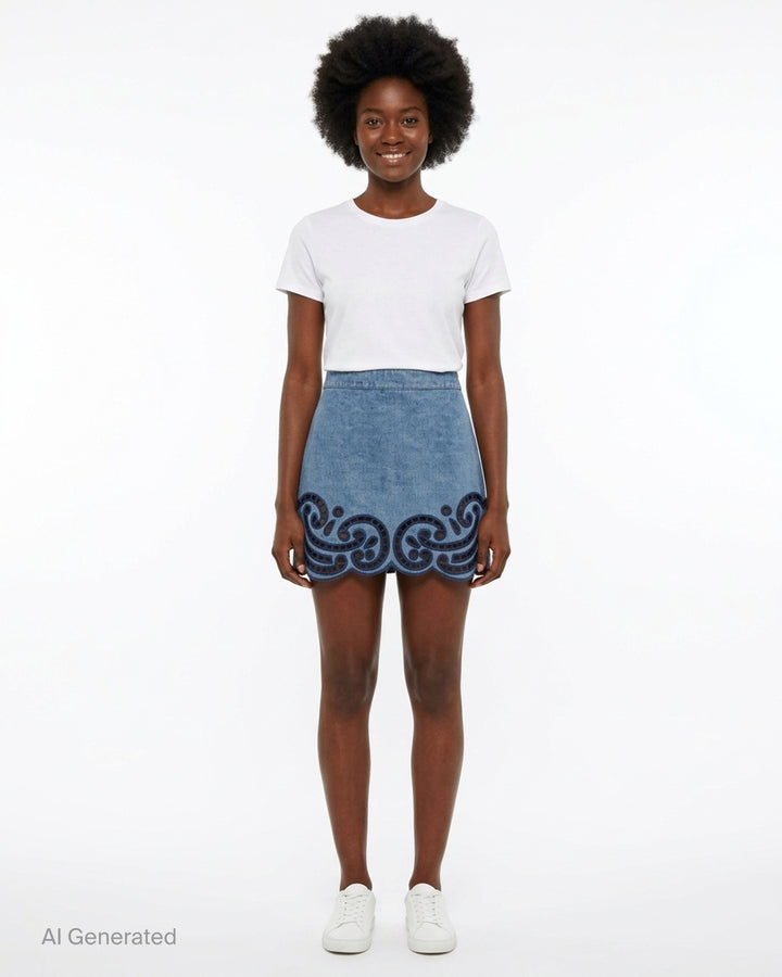 Ulla Johnson Cadiz mini skirt in washed blue denim with navy eyelet scrollwork embroidery and a scalloped hem - front