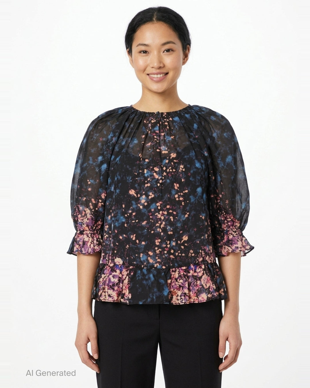Ulla Johnson Elise short sleeve silk blouse in a dark-ground painterly floral print with voluminous puff sleeves, smocked ruffle cuffs, and a tiered ruffle hem - front