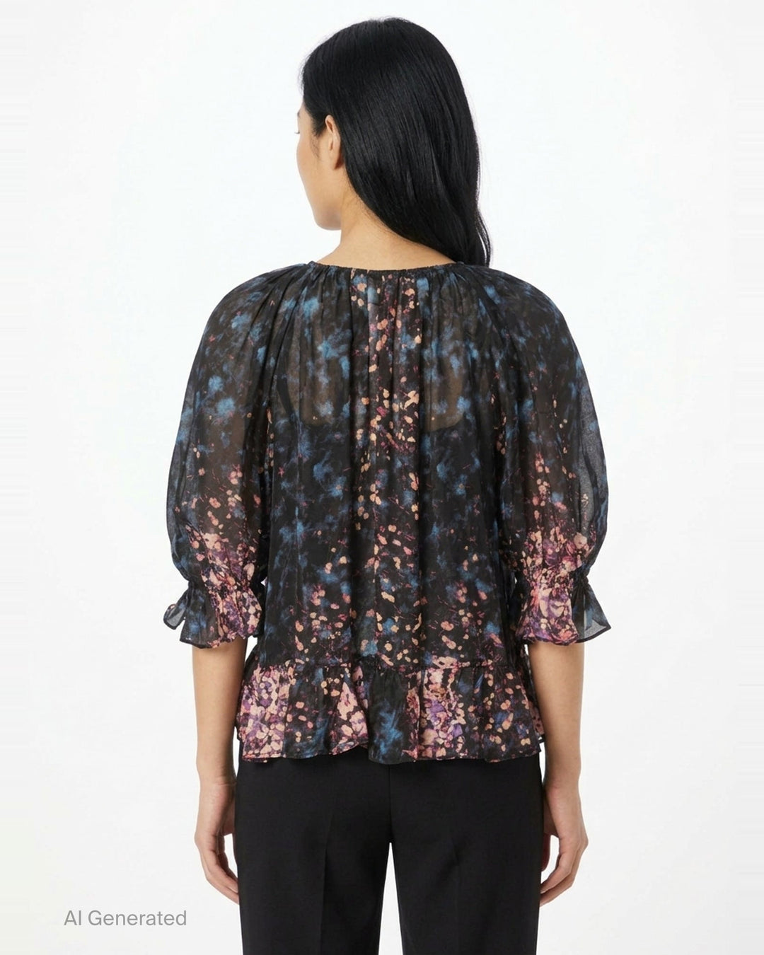 Ulla Johnson Elise short sleeve silk blouse in a dark-ground painterly floral print with voluminous puff sleeves, smocked ruffle cuffs, and a tiered ruffle hem - back