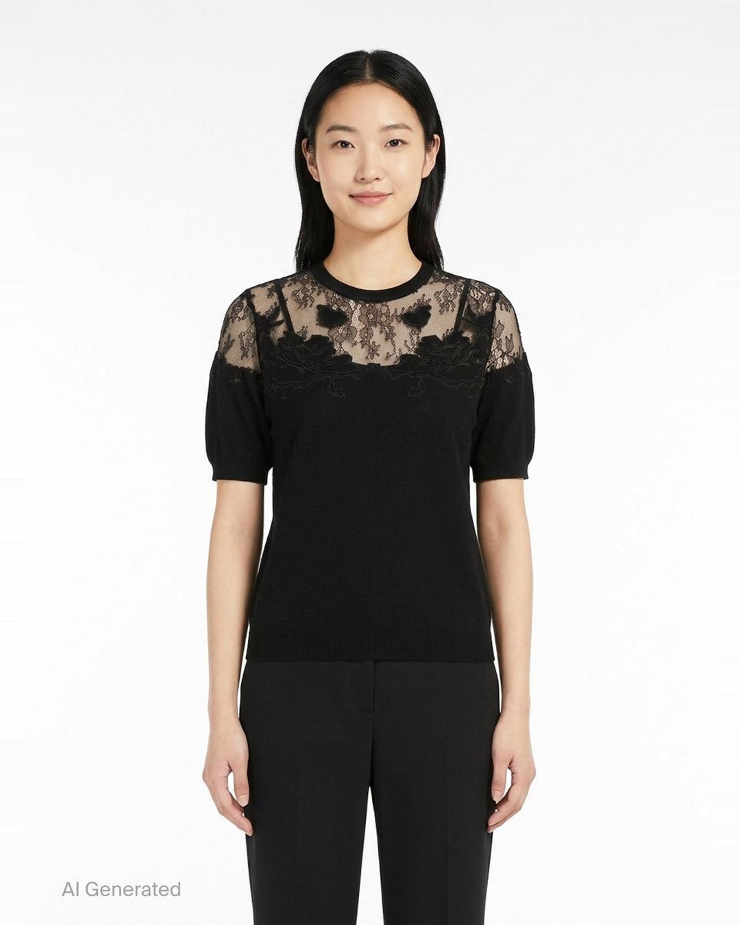 Ulla Johnson Ella Short Sleeve Lace Top in black, featuring a sheer floral embroidered lace yoke, puffed short sleeves, and a fine-knit body with keyhole back closure - front