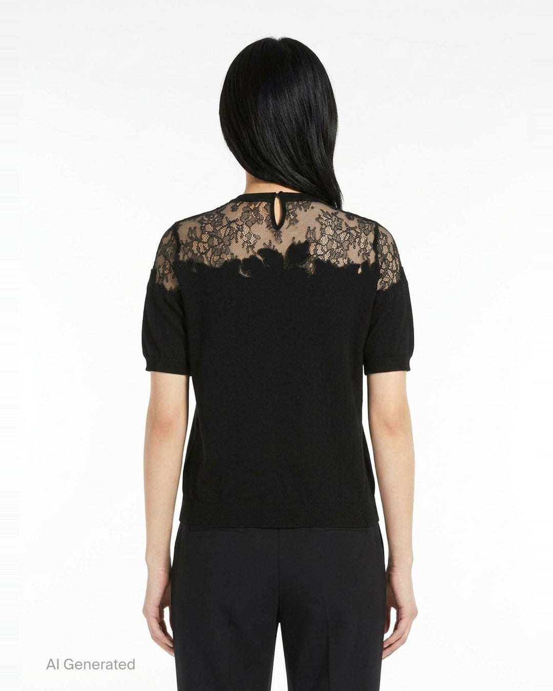 Ulla Johnson Ella Short Sleeve Lace Top in black, featuring a sheer floral embroidered lace yoke, puffed short sleeves, and a fine-knit body with keyhole back closure - back