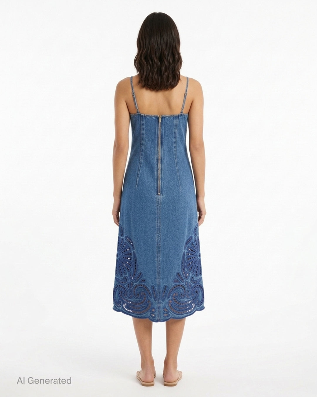 Ulla Johnson Jane Eyelet Denim Dress in washed blue denim with spaghetti straps, empire waist and indigo cutwork embroidery along the scalloped hem - back