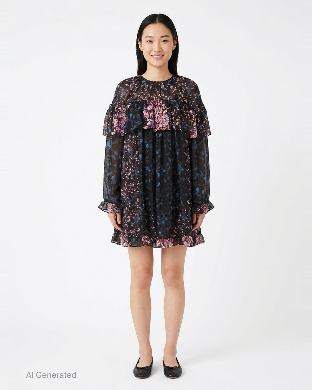 Ulla Johnson Lune Long Sleeve Silk Mini Dress in dark floral chiffon with tiered ruffle yoke, smocked neckline, and ruffled hem - front