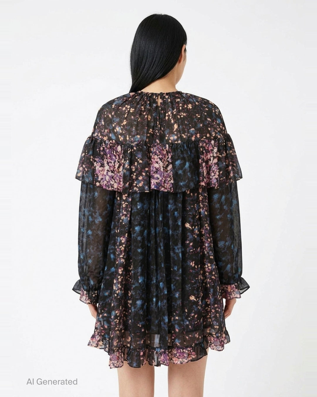 Ulla Johnson Lune Long Sleeve Silk Mini Dress in dark floral chiffon with tiered ruffle yoke, smocked neckline, and ruffled hem - back