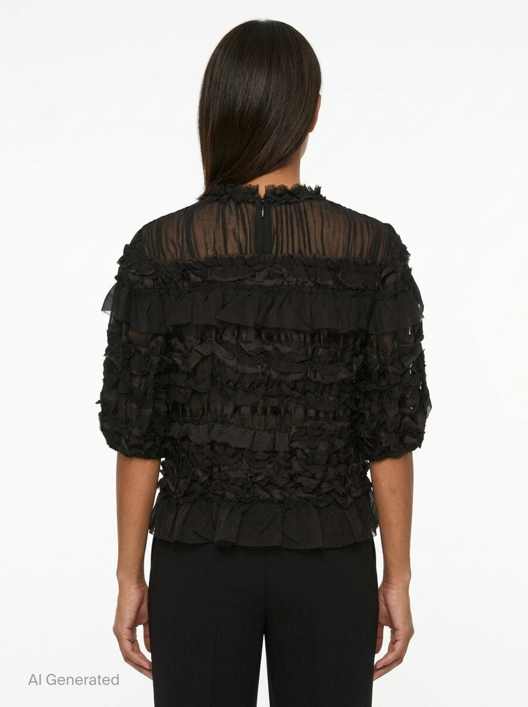 Ulla Johnson Mabel Short Sleeve Silk Top in black — sheer silk with cascading tiered ruffles, frayed collar trim, and puffed short sleeves - back
