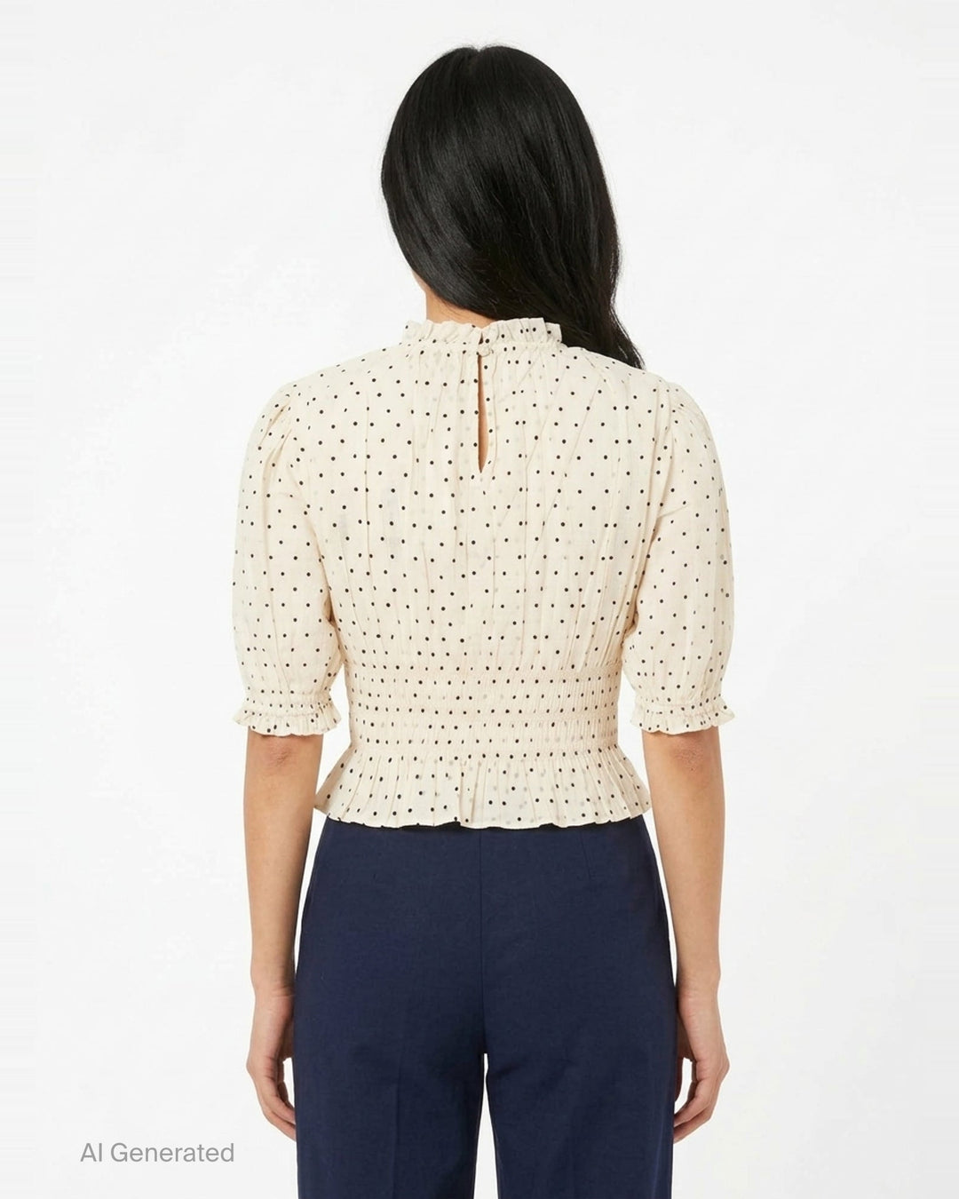 Ulla Johnson Rae short sleeve cotton top in ivory with black polka dots, featuring a ruffled high neckline, puffed sleeves with ruffle cuffs, smocked bodice, and a cropped peplum hem - back