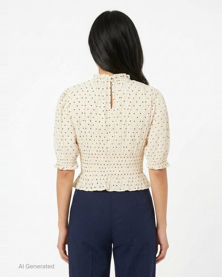 Ulla Johnson Rae short sleeve cotton top in ivory with black polka dots, featuring a ruffled high neckline, puffed sleeves with ruffle cuffs, smocked bodice, and a cropped peplum hem - back