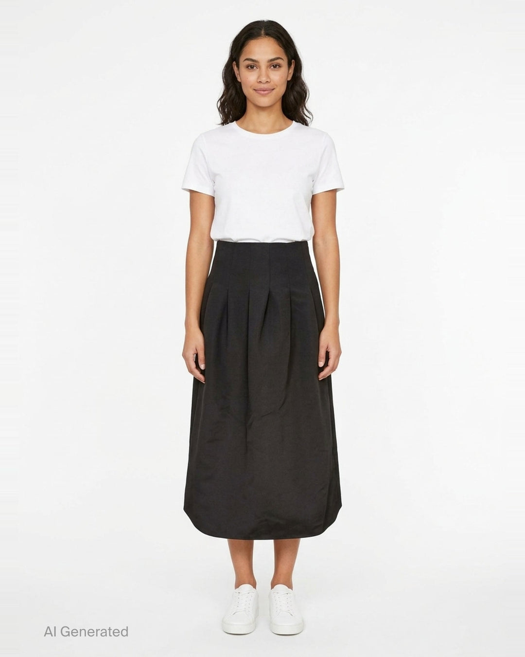 Ulla Johnson Delara Satin Midi Skirt in black, featuring a high waist, deep front pleats, and a voluminous tulip-shaped hem - front