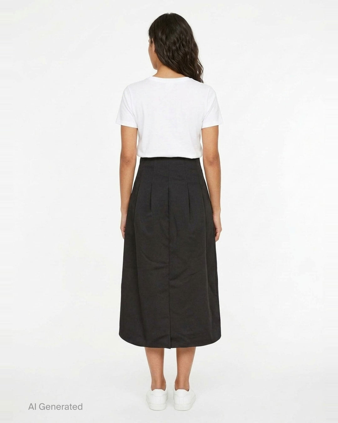 Ulla Johnson Delara Satin Midi Skirt in black, featuring a high waist, deep front pleats, and a voluminous tulip-shaped hem - back