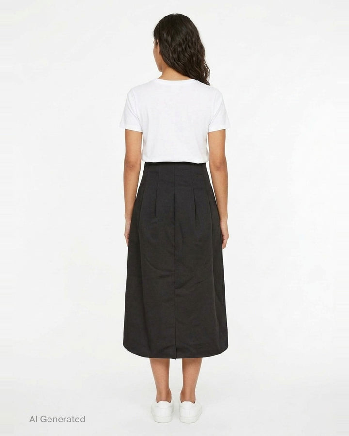 Ulla Johnson Delara Satin Midi Skirt in black, featuring a high waist, deep front pleats, and a voluminous tulip-shaped hem - back