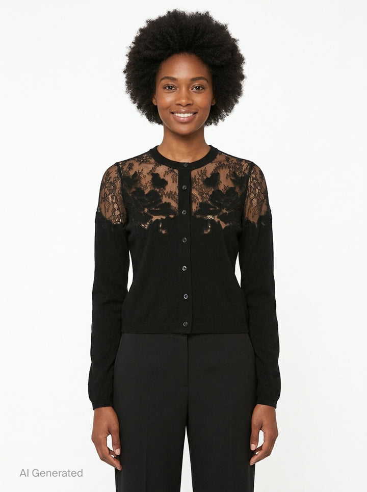 Ulla Johnson Talia Lace Cardigan in black, featuring a sheer floral embroidered lace yoke and shoulder panelling over a fine knit body with button-front closure and long sleeves - front