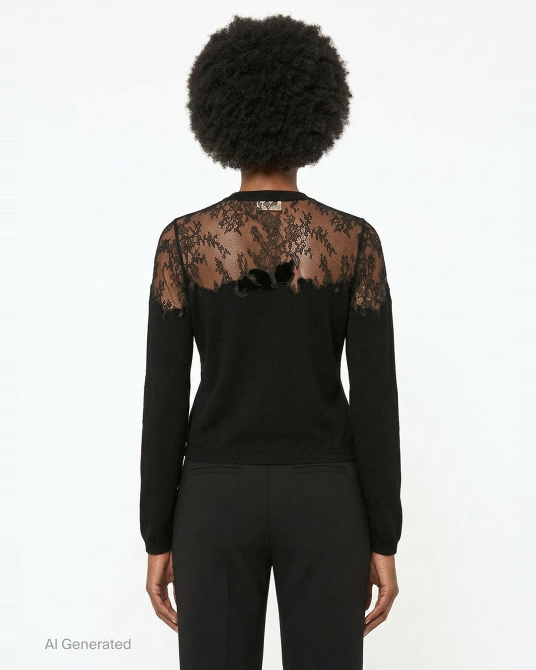 Ulla Johnson Talia Lace Cardigan in black, featuring a sheer floral embroidered lace yoke and shoulder panelling over a fine knit body with button-front closure and long sleeves - back