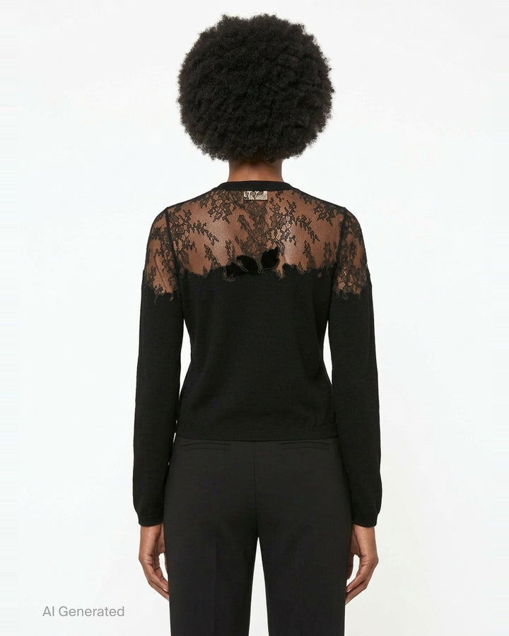 Ulla Johnson Talia Lace Cardigan in black, featuring a sheer floral embroidered lace yoke and shoulder panelling over a fine knit body with button-front closure and long sleeves - back