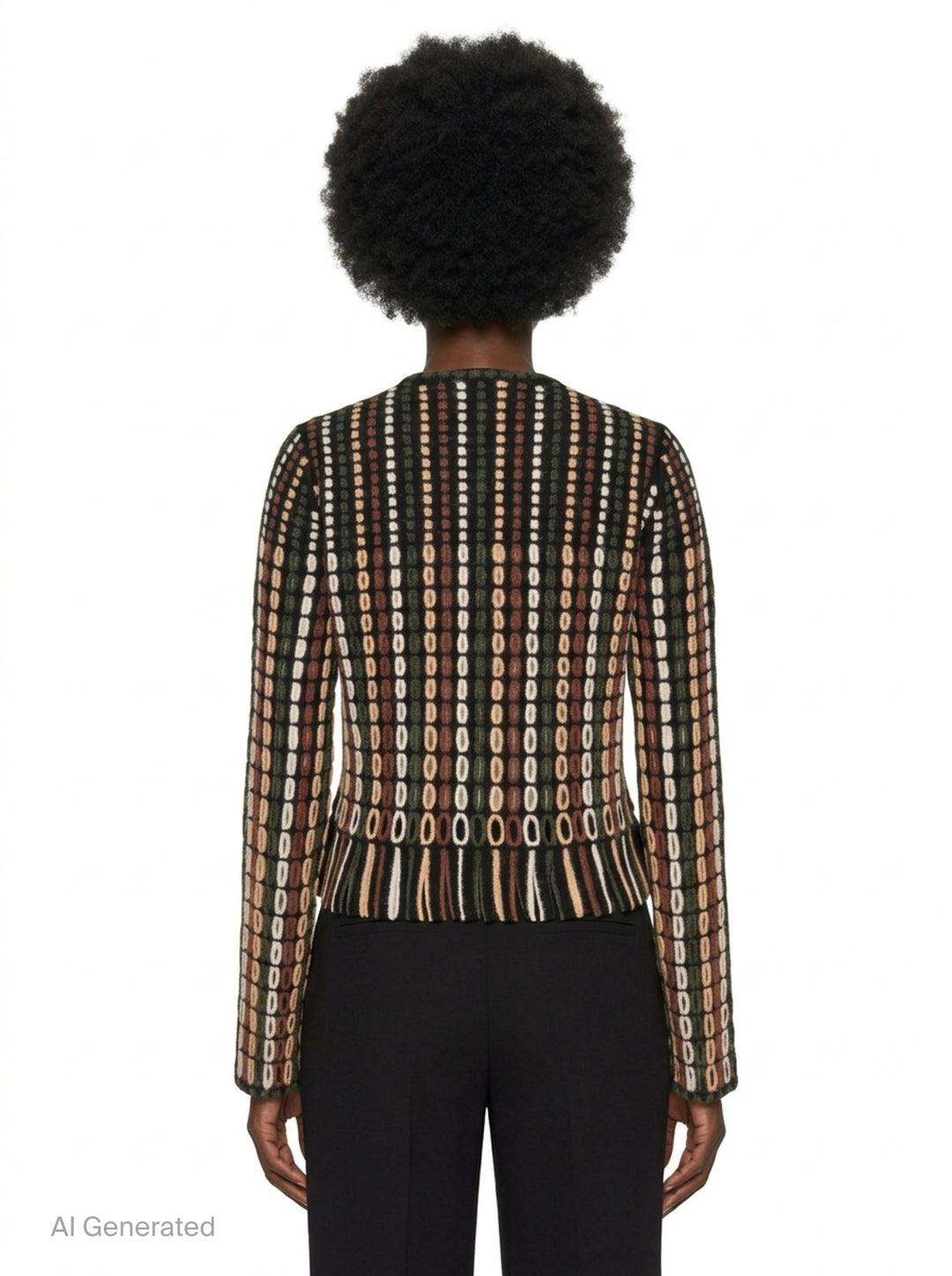 Ulla Johnson Zora Knit Cardigan with allover multicolour oval-stitch jacquard pattern in green, rust, cream, and blush on black, featuring a front zip closure, fringe hem, and long sleeves - back