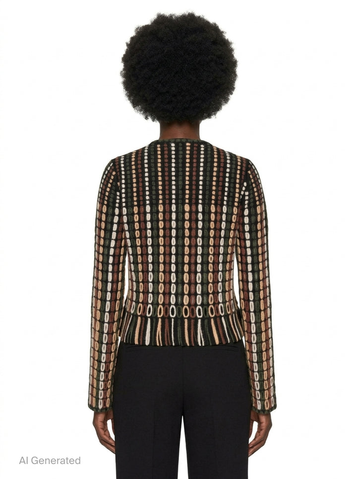 Ulla Johnson Zora Knit Cardigan with allover multicolour oval-stitch jacquard pattern in green, rust, cream, and blush on black, featuring a front zip closure, fringe hem, and long sleeves - back