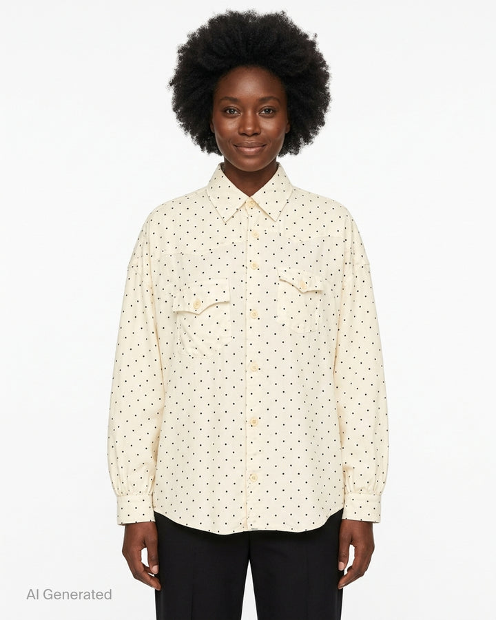 Undercover Asymmetrical Polka Dot Blouse in cream with black dots, featuring western yoke, flap chest pockets and button-down front - front
