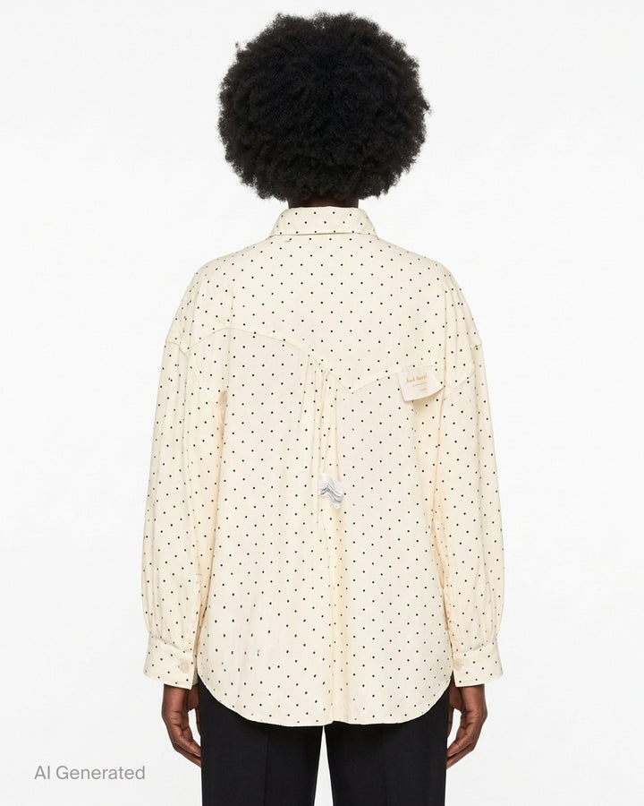 Undercover Asymmetrical Polka Dot Blouse in cream with black dots, featuring western yoke, flap chest pockets and button-down front - back