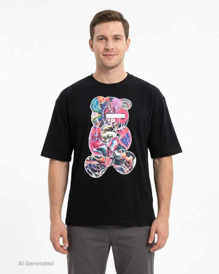 Undercover Bear Print Tee in black, featuring an oversized collage-style multicolour teddy bear graphic on the chest, laid flat on a white background - front