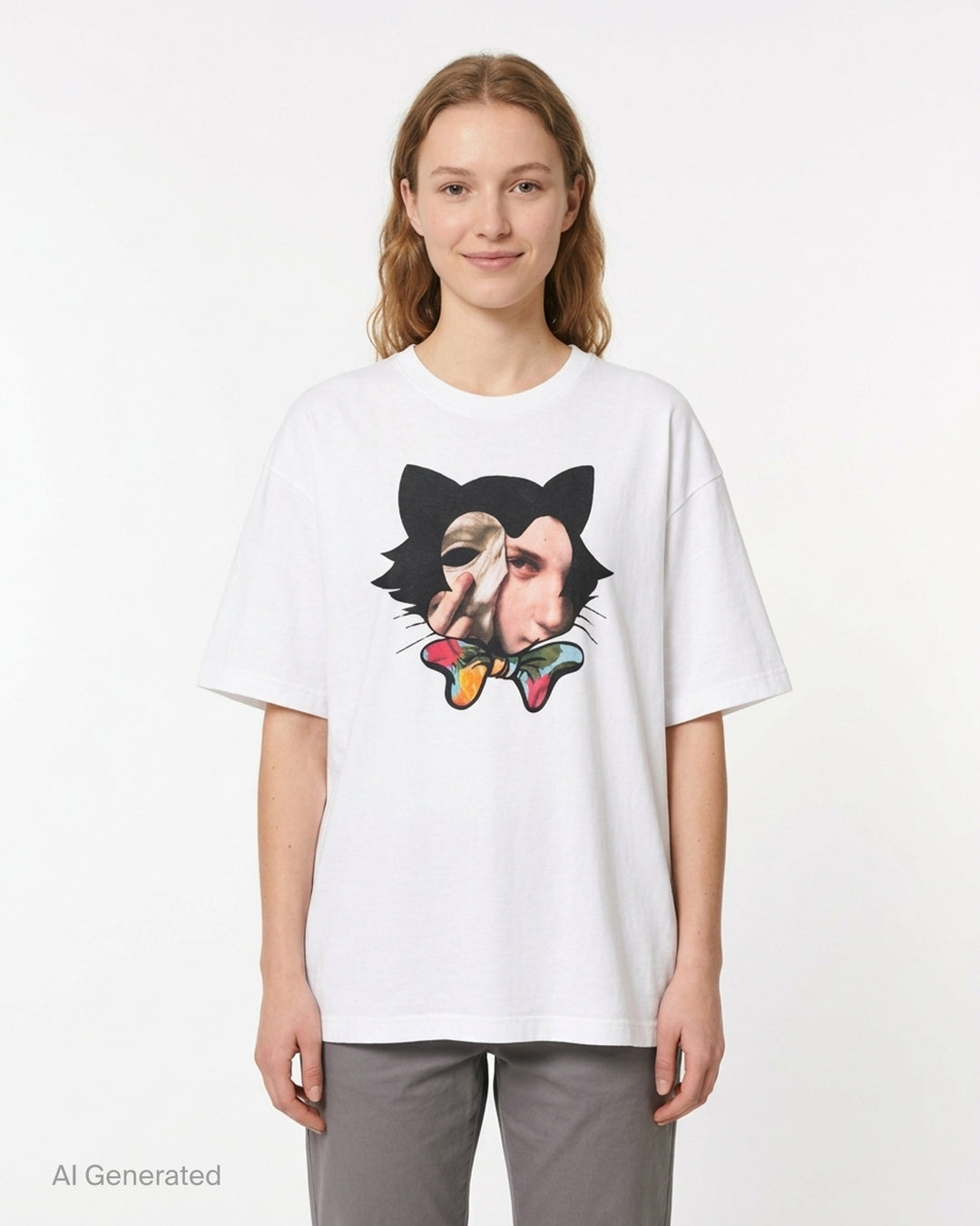 White oversized Undercover t-shirt with a black cat graphic featuring a classical portrait collage and a floral bow tie - front