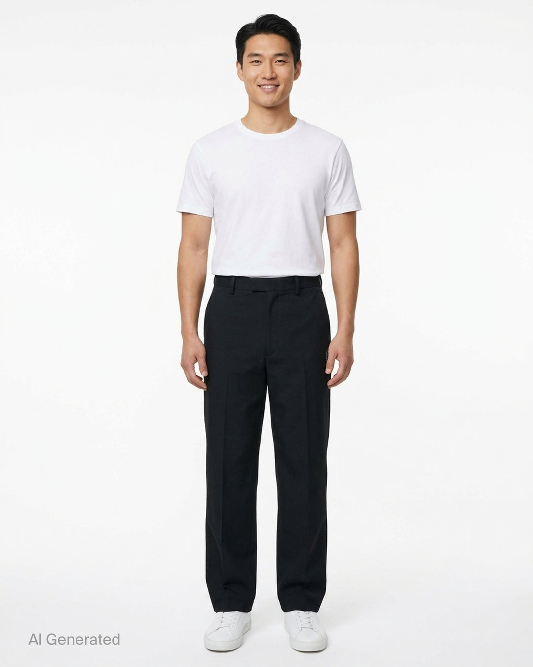 Undercover Cindy Sherman Patch Trousers in black, front view showing straight-leg tailored cut with pressed crease and patch detail - front