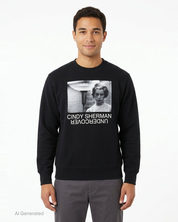Undercover x Cindy Sherman black crewneck sweatshirt with a monochrome photographic print of a woman and mirrored Undercover logo on the chest - front