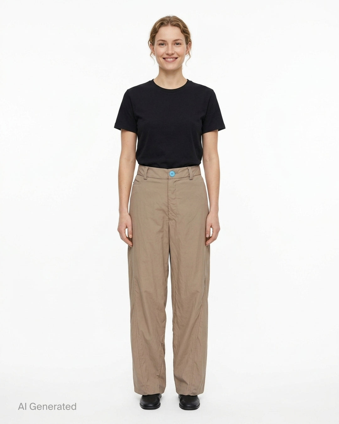 Undercover taupe cupro pants with a relaxed straight leg and contrast turquoise waistband button, shown front view - front