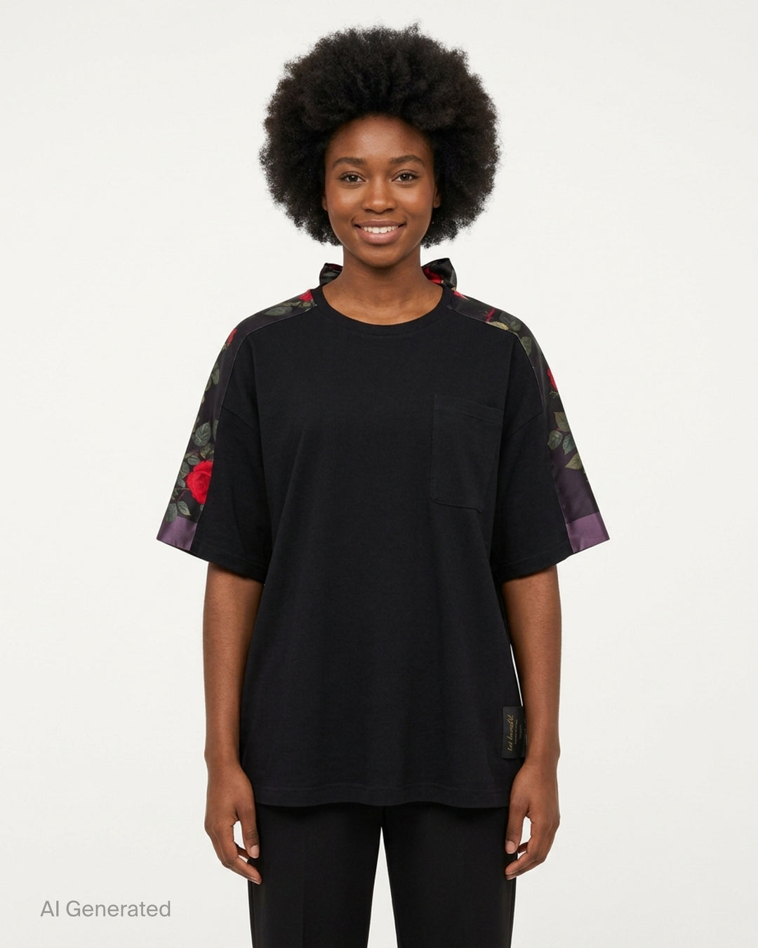 Undercover Floral Sleeve Panel Tee in black with rose-print satin sleeve panels, chest pocket and knotted satin tie at the back neckline - front