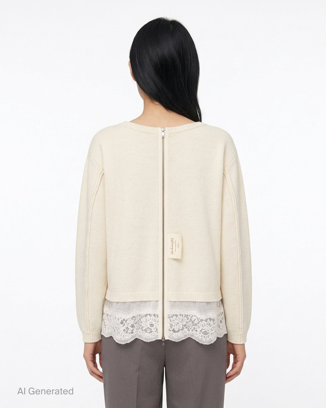 Undercover cream knit top with chest pocket, ribbed trim and a layered scalloped lace hem - back