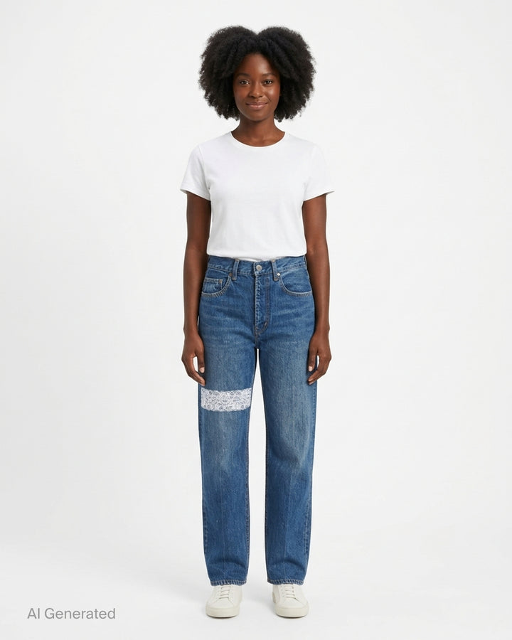 Undercover washed black straight-leg jeans with a white floral lace strip across the knee, shown from the front - front