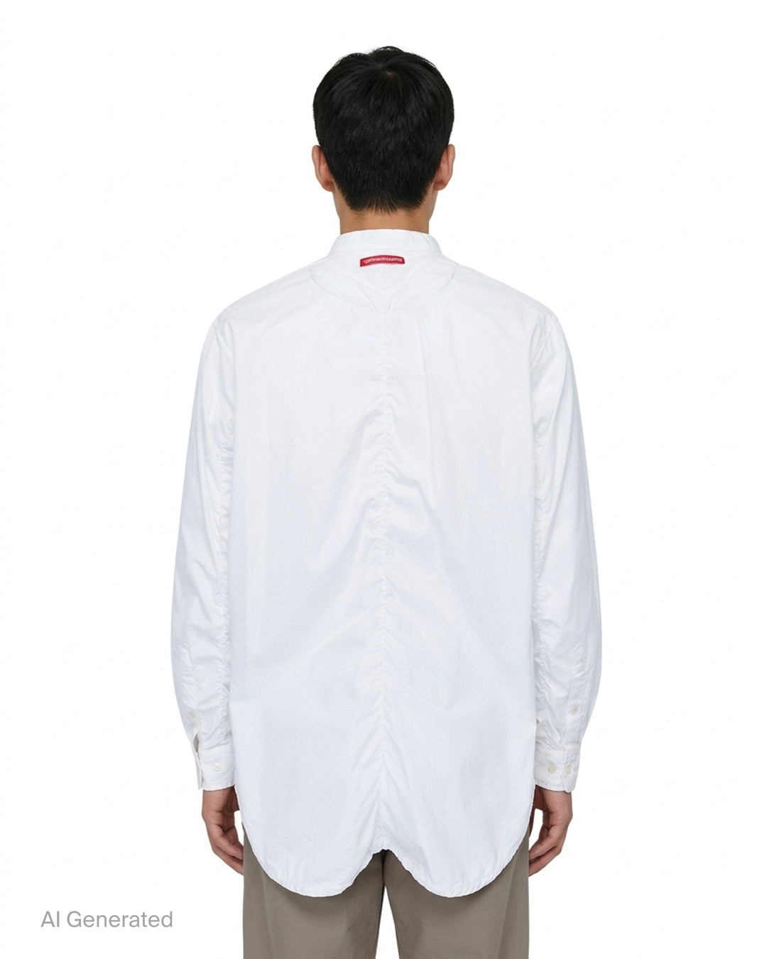 Undercover white long sleeve pullover shirt with band collar, half-button placket, and two flap pockets at the waist - back