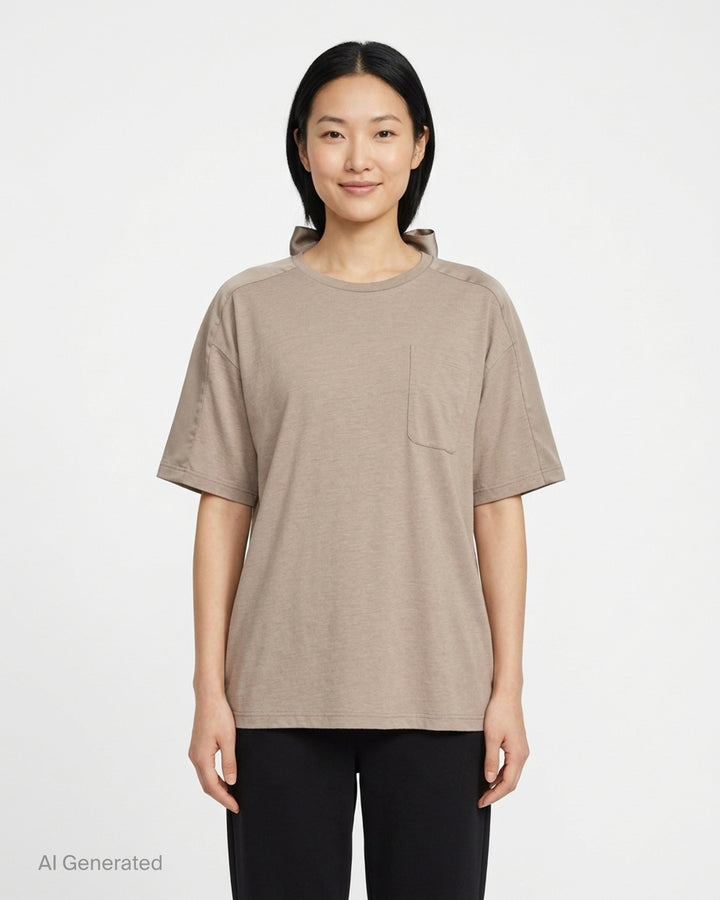 Undercover Shoulder Panel Tee in taupe with satin shoulder panels, chest pocket and knotted ribbon tie at the back neckline - front