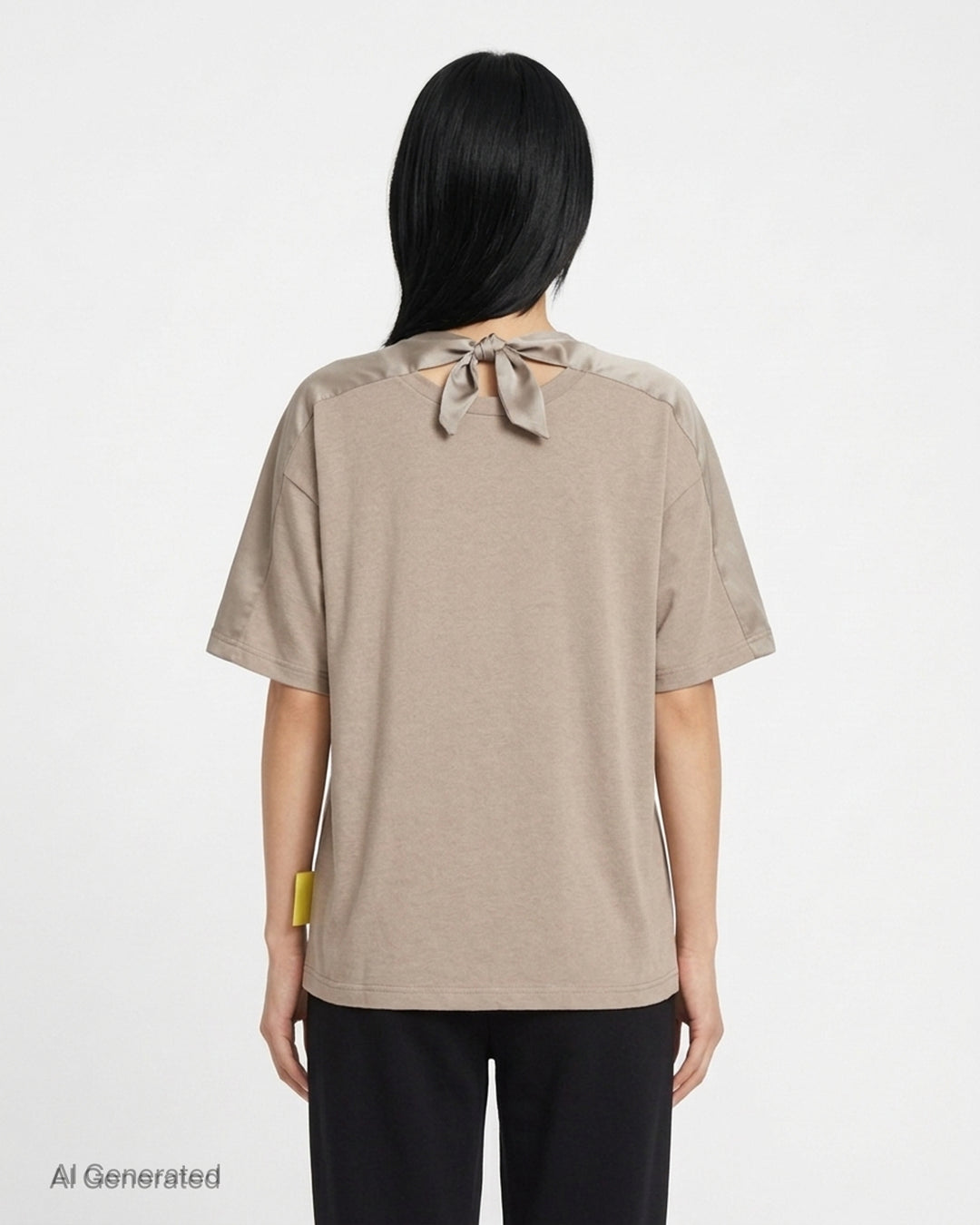 Undercover Shoulder Panel Tee in taupe with satin shoulder panels, chest pocket and knotted ribbon tie at the back neckline - back