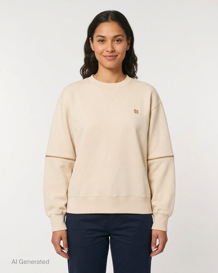 Undercover cream crewneck sweatshirt with zip details across the sleeves and an embellished logo at the chest - front