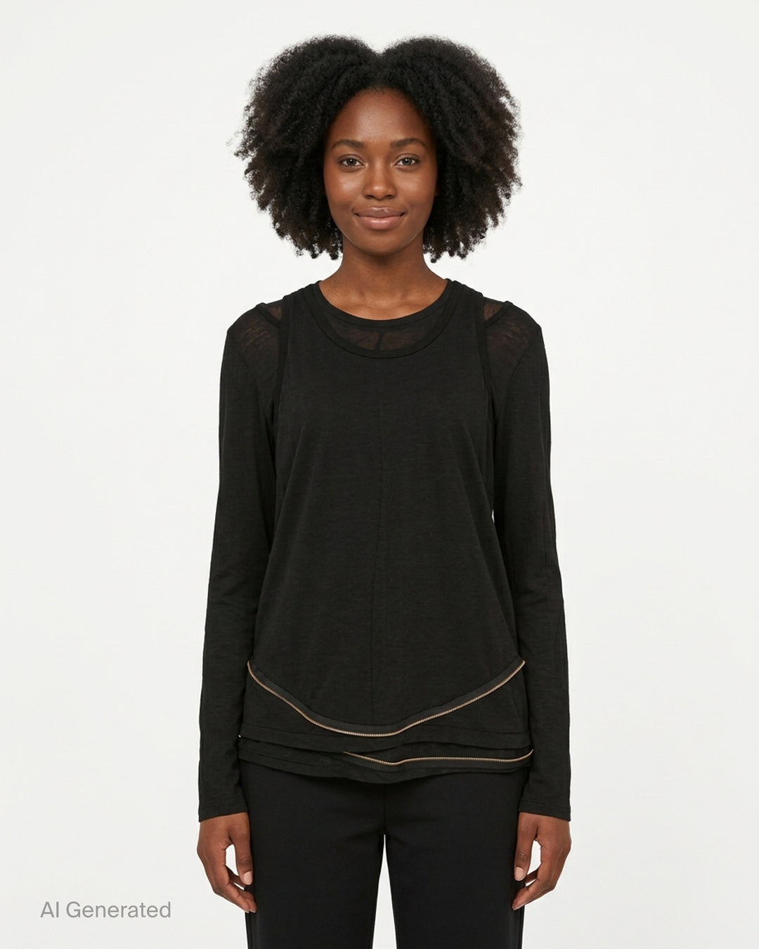 Undercover black layered long sleeve tee with tank overlay, cut-out shoulders and gold zip trim along the hem - front