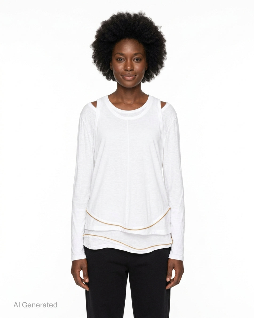 Undercover black layered long sleeve tee with tank overlay, cut-out shoulders and gold zip trim along the hem - front