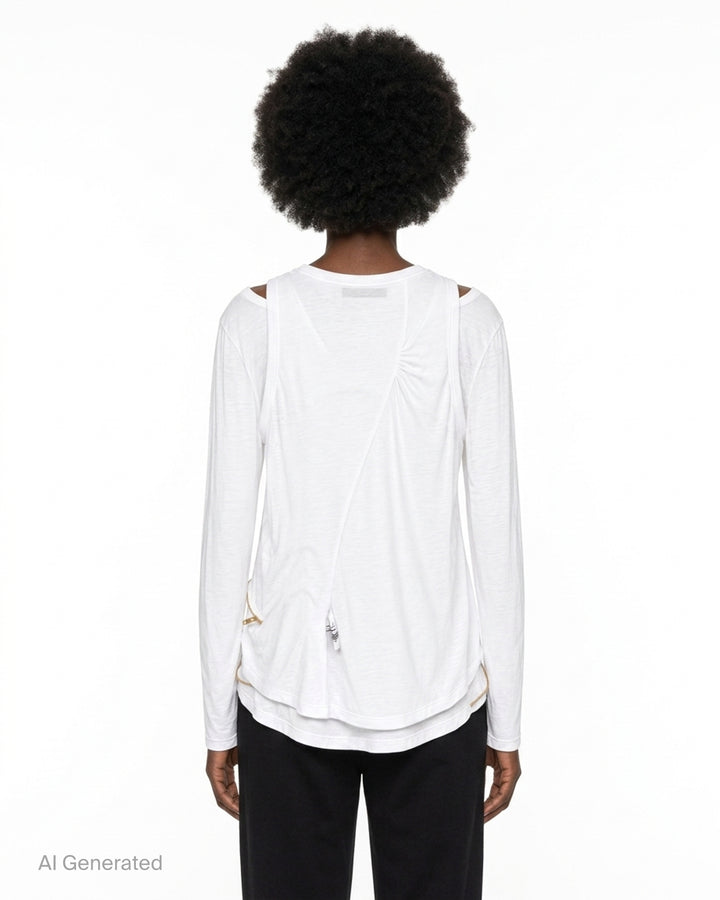 Undercover black layered long sleeve tee with tank overlay, cut-out shoulders and gold zip trim along the hem - back