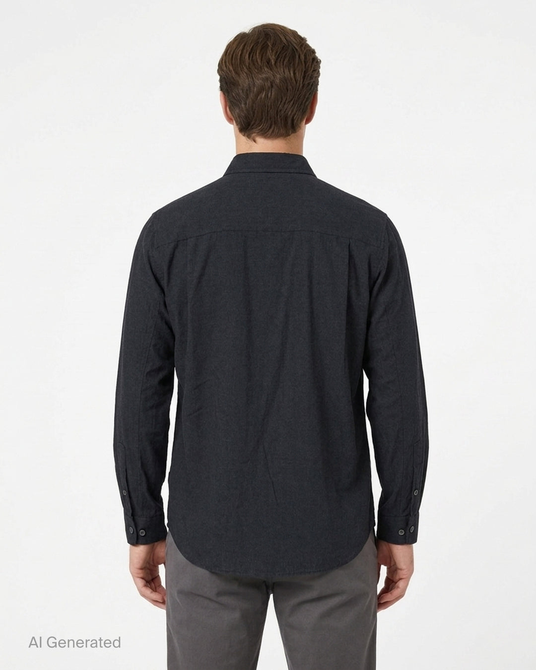 Undercover two pocket long sleeve shirt in washed black with raw-edged chest pockets and pearlescent buttons, front view - back