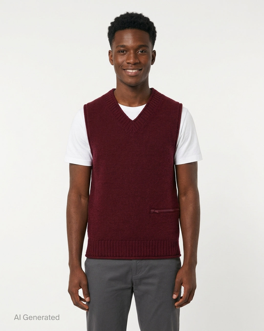 Undercover burgundy knit vest with ribbed V-neck and a horizontal zip pocket at the lower front - front