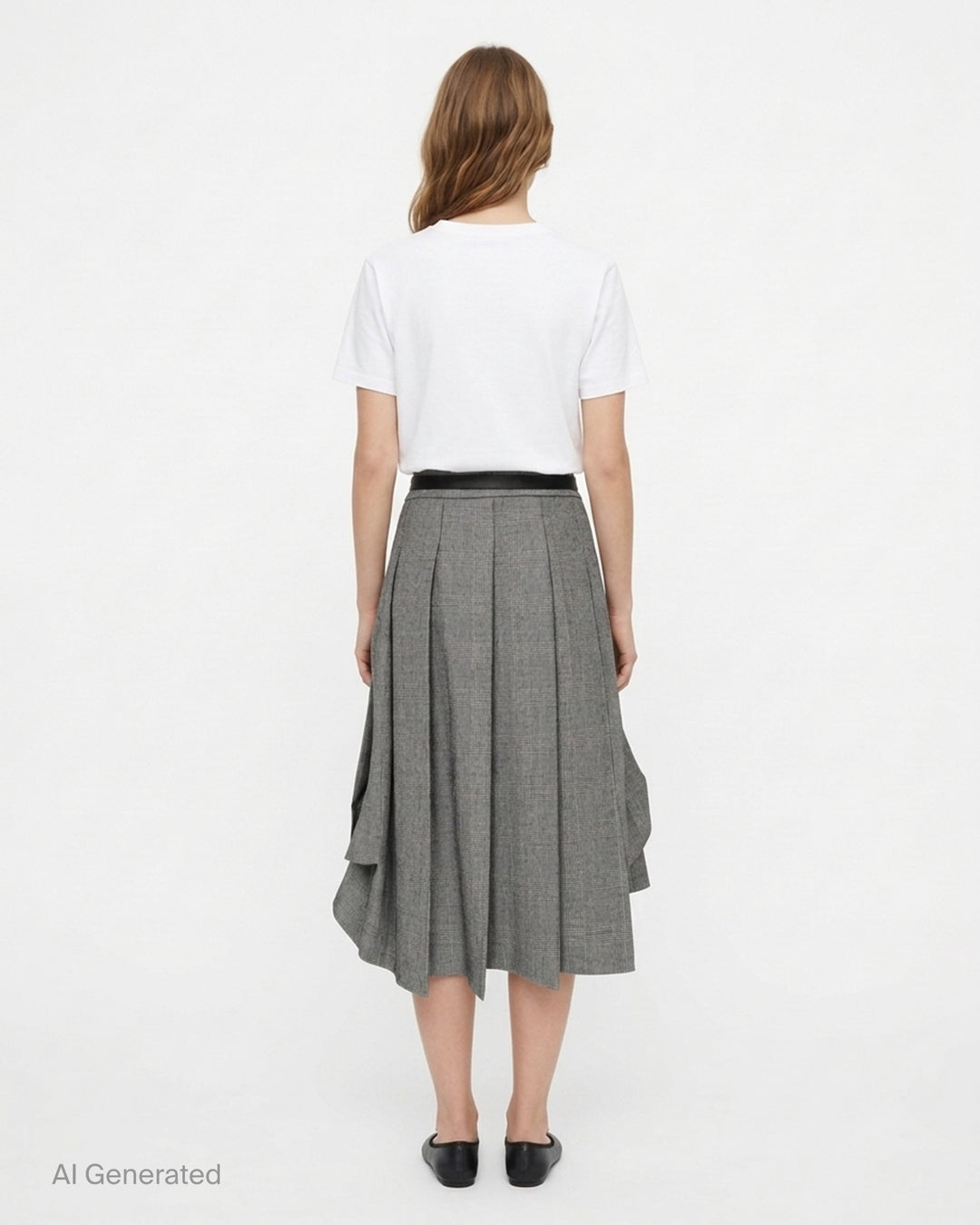 Vaquera grey houndstooth check pleated midi skirt with asymmetric draped hem and slim black buckle belt - back