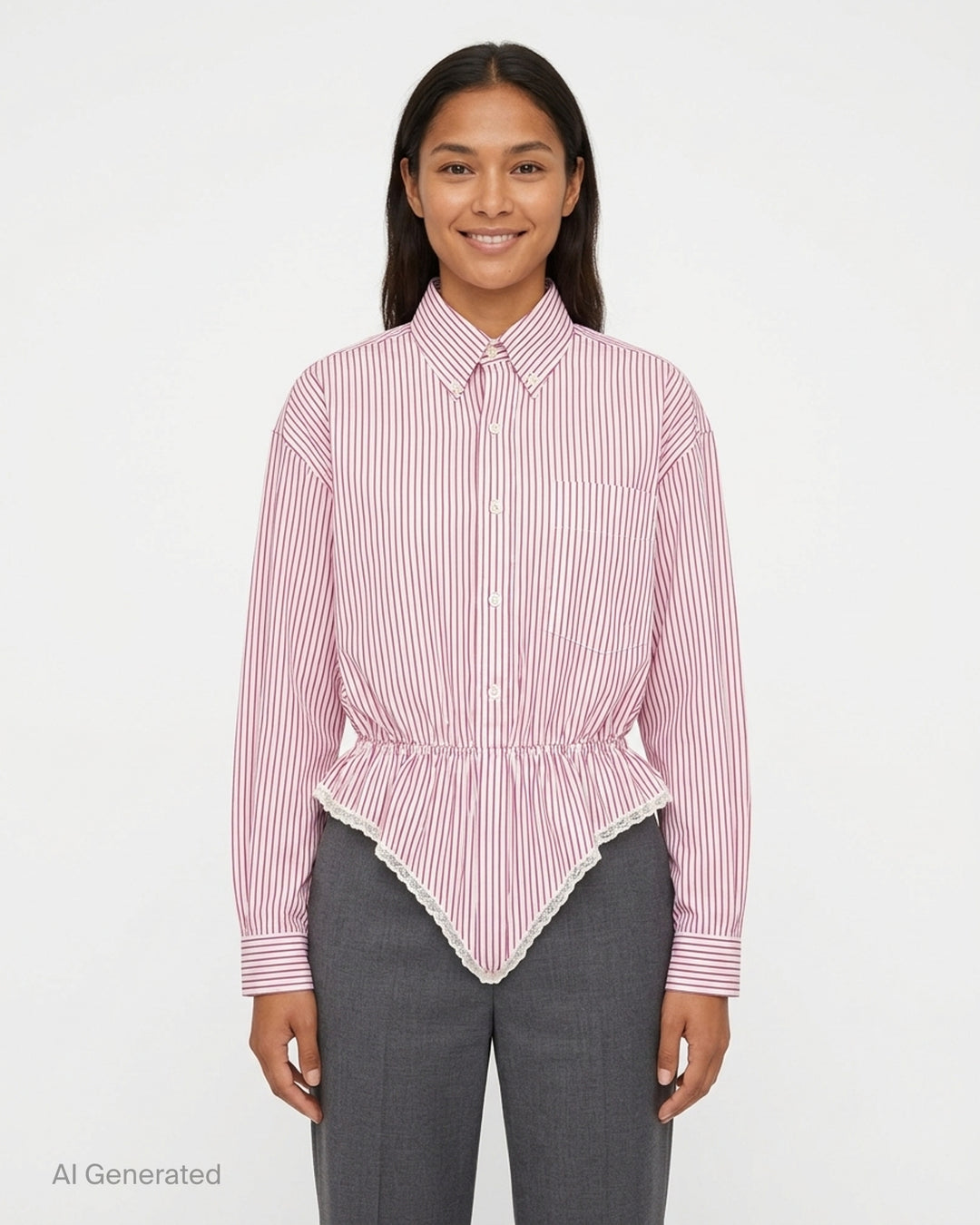 Vaquera red and white striped button-down shirt bodysuit with elasticated peplum waist and cream lace-trimmed leotard base - front