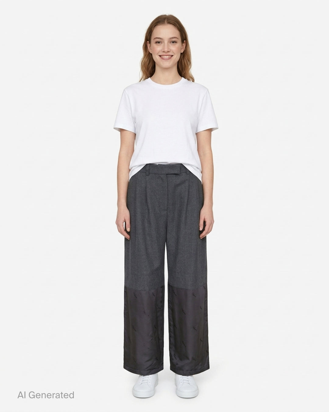 Vaquera women's wide-leg trousers in charcoal grey with pleated front and a raw-edged dark satin lower leg panel with tonal logo print - front