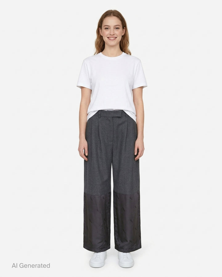 Vaquera women's wide-leg trousers in charcoal grey with pleated front and a raw-edged dark satin lower leg panel with tonal logo print - front