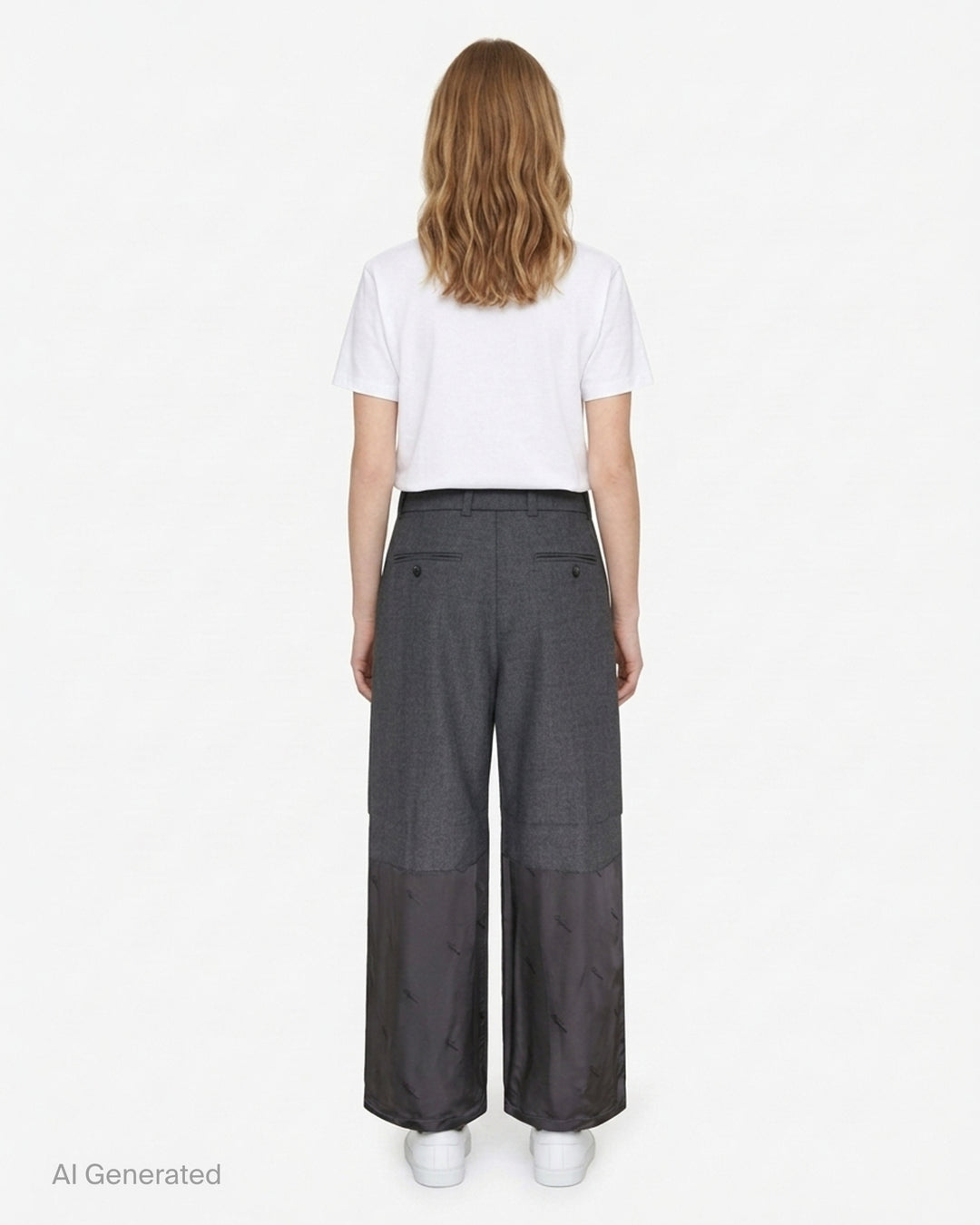 Vaquera women's wide-leg trousers in charcoal grey with pleated front and a raw-edged dark satin lower leg panel with tonal logo print - back