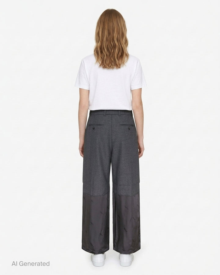 Vaquera women's wide-leg trousers in charcoal grey with pleated front and a raw-edged dark satin lower leg panel with tonal logo print - back