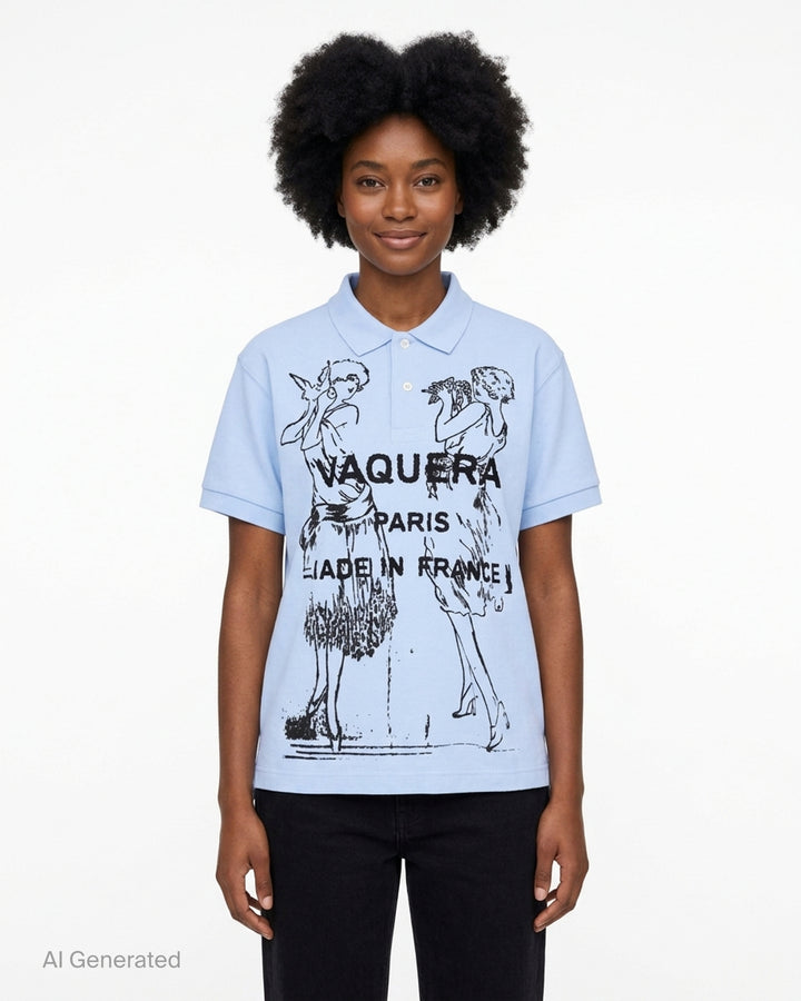 Vaquera light blue short-sleeve polo with a black flocked flapper illustration and Vaquera Paris Made in France print on the front - front