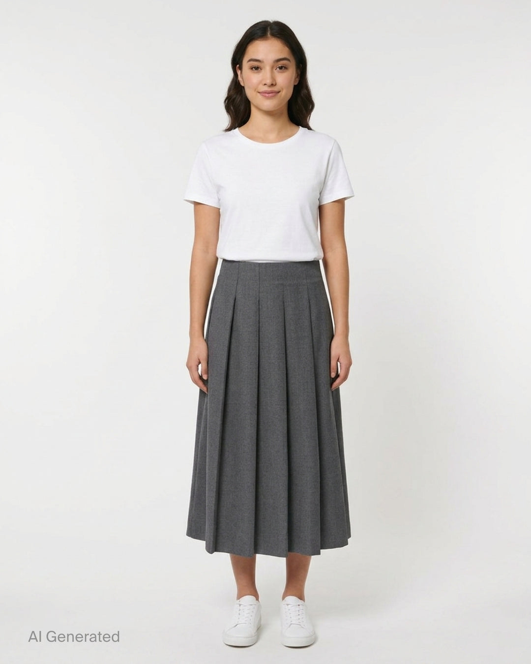 Vaquera heathered grey pleated midi skirt with box pleats and fitted waistband, shown flat on a white background - front