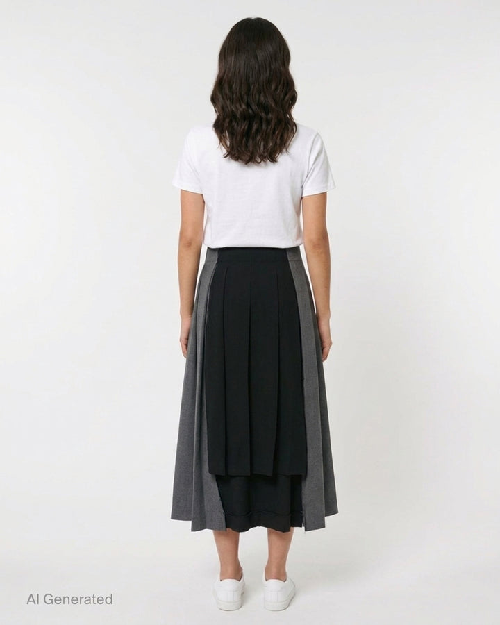 Vaquera heathered grey pleated midi skirt with box pleats and fitted waistband, shown flat on a white background - back