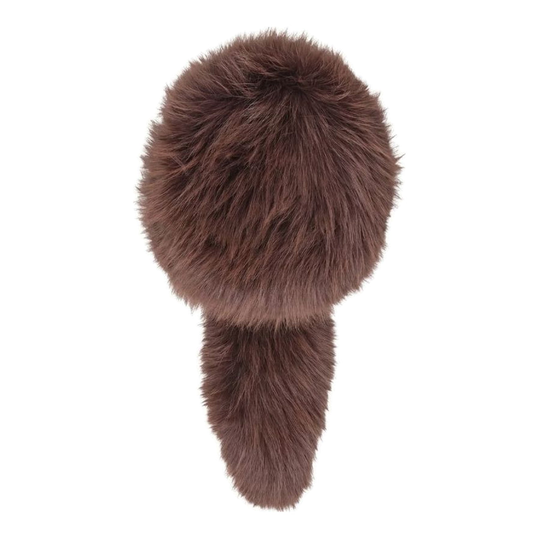 Vaquera chocolate brown woven raccoon tail hat with a rounded plush crown and long tail, shown against a white background - packshot