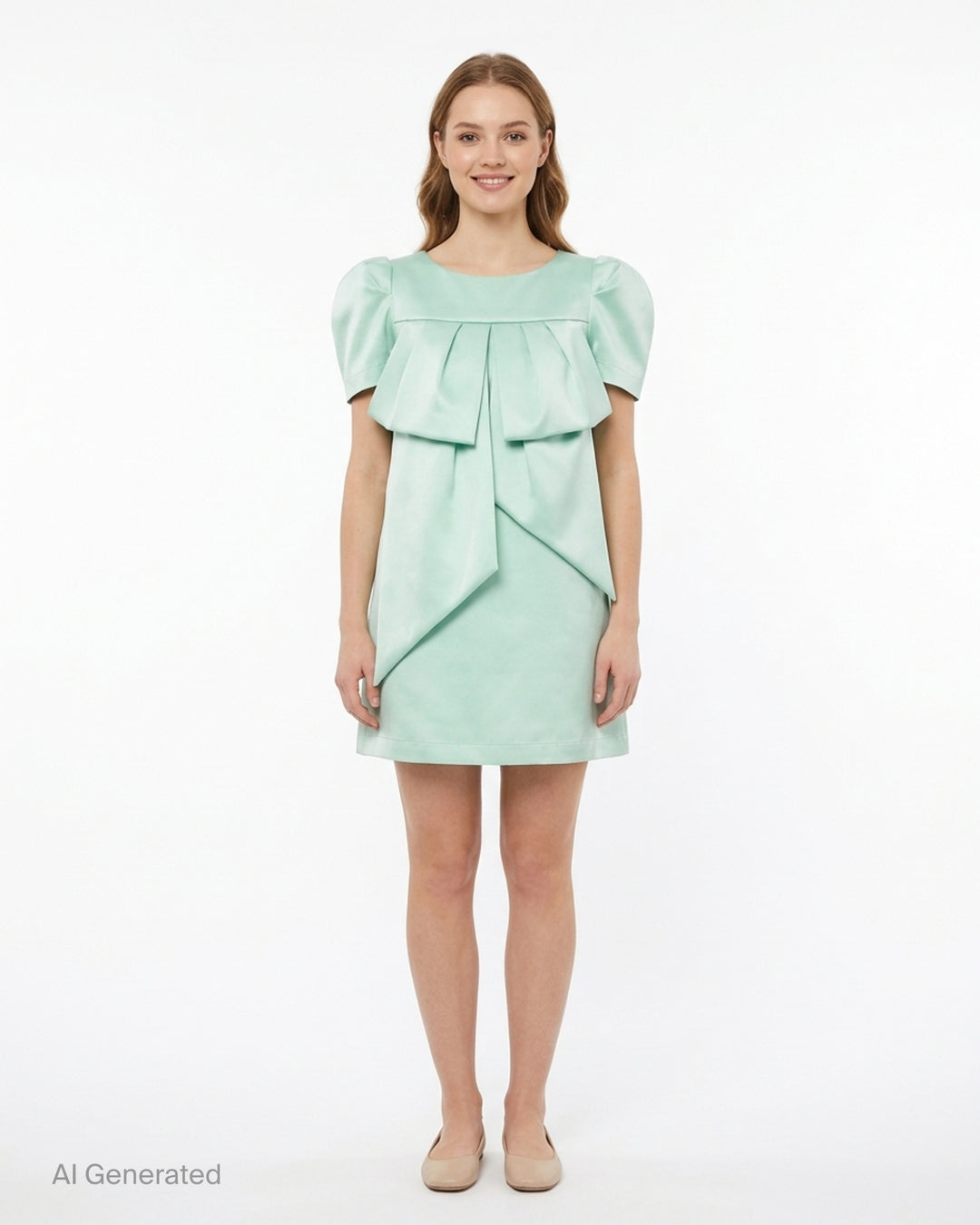 Vaquera mint green satin dress with puff sleeves and an oversized pleated bow at the front, shown flat against a white background - front