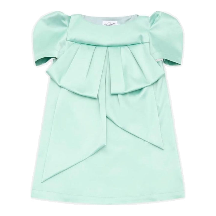 Vaquera mint green satin dress with puff sleeves and an oversized pleated bow at the front, shown flat against a white background - packshot